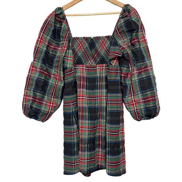 J CREW Puffed Sleeve Plaid Mini Dress Stewart Tartan Pockets Holiday Size 8 - Picture 7 of 14
